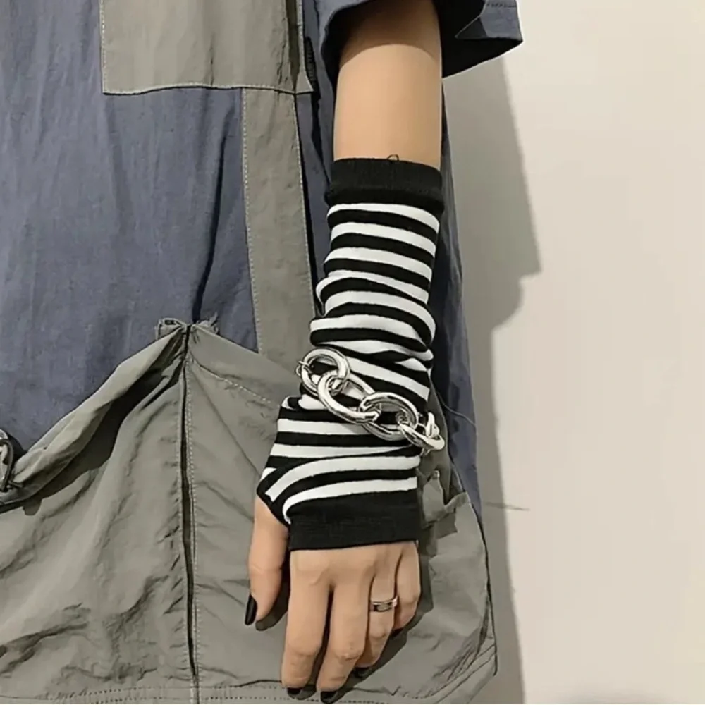 Striped Black and White Fingerless Gloves